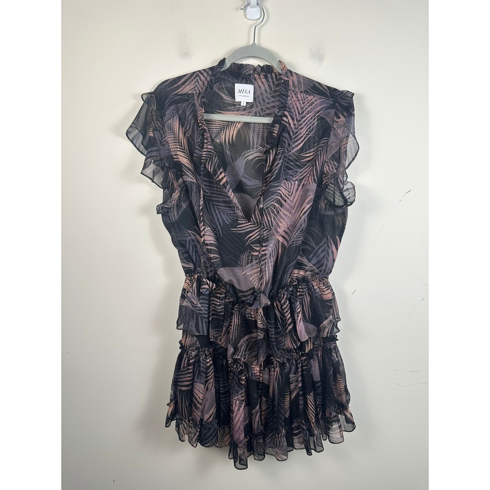 MISA Los Angeles Mini Dress Women Large Black Purple Excellent Tropical Ruffle